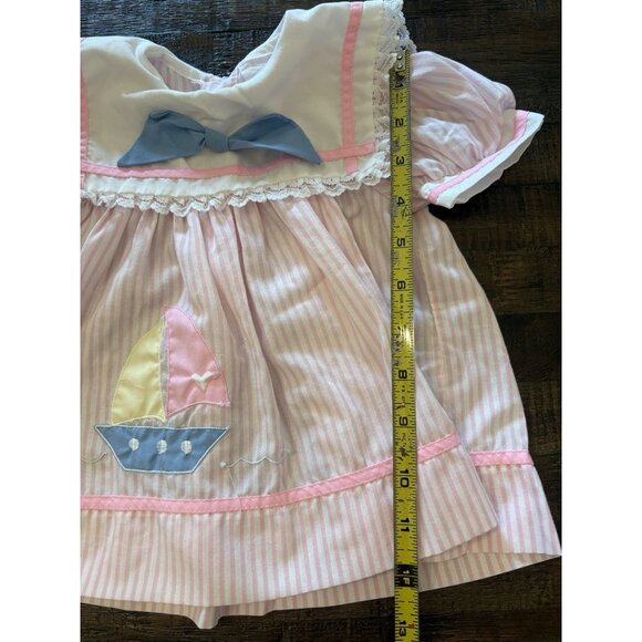 Vintage Pink Striped Baby Girl Dress Sail Boat Size 6-9 Months - Picture 2 of 7